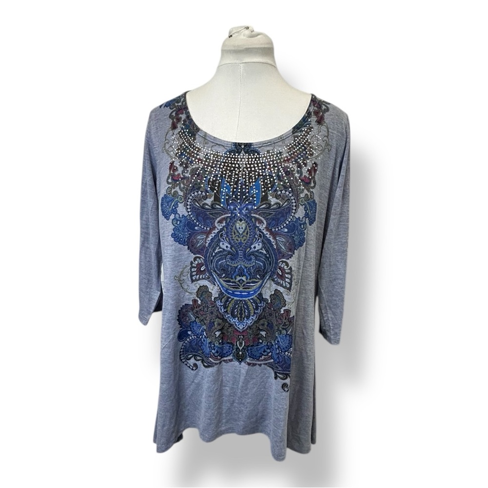 One World Women’s Paisley Embellished 3/4 Sleeve Tunic Top Blue Gray 1X